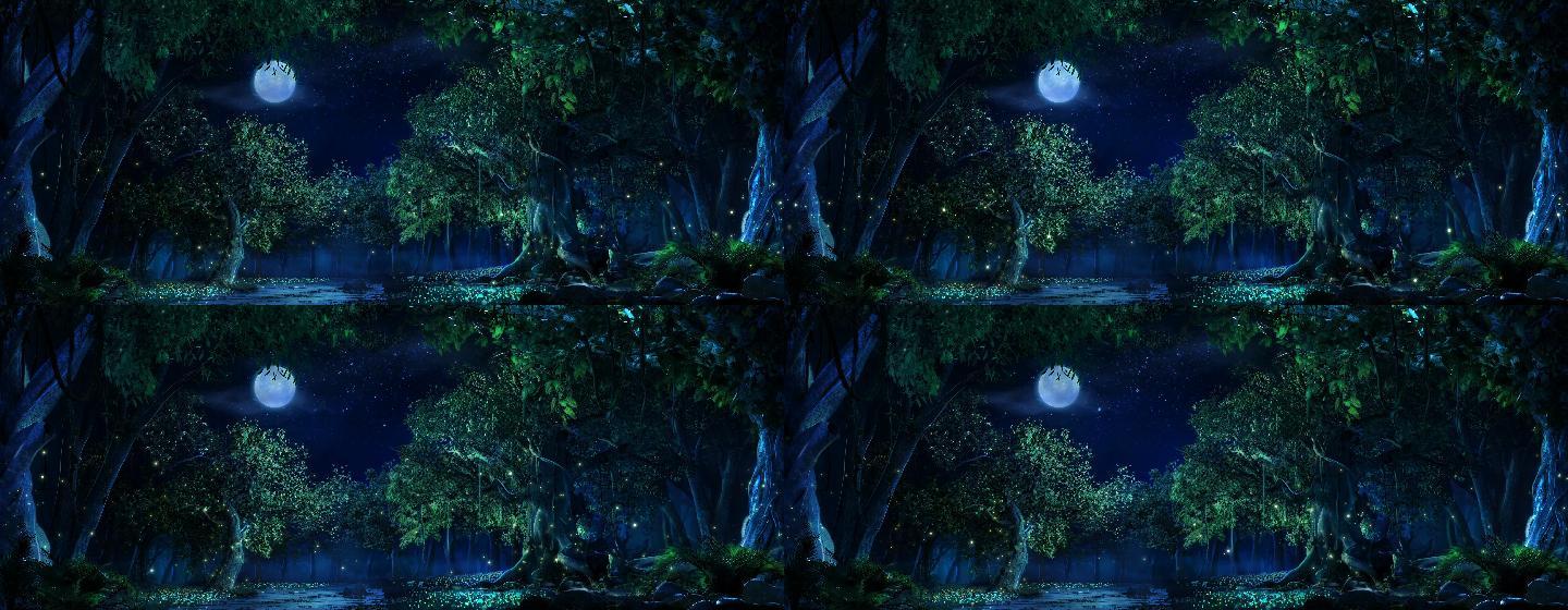 4K超清大屏素材唯美 森林 树林星空圆月