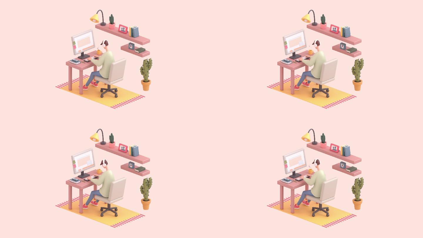 坐在办公桌旁用电脑工作的年轻人的3d动画