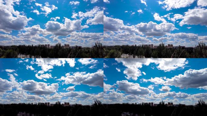 4k延时拍摄蓝天白云下的城市街道楼房树木