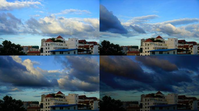 傍晚入夜时分的城市楼景和蓝天白云延时摄影