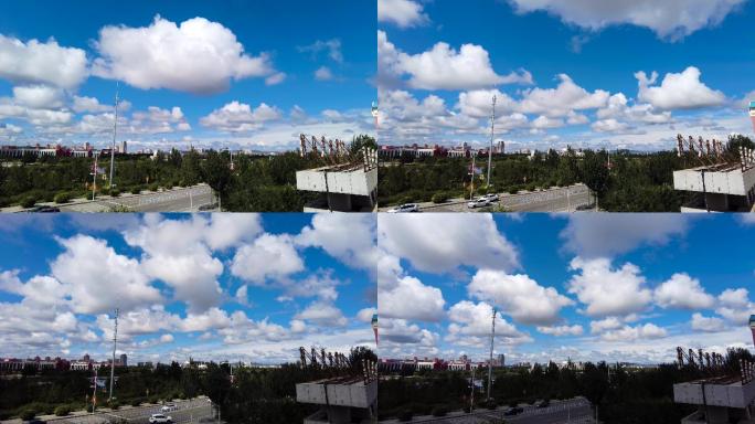 4k延时拍摄蓝天白云下的城市街道楼房树木