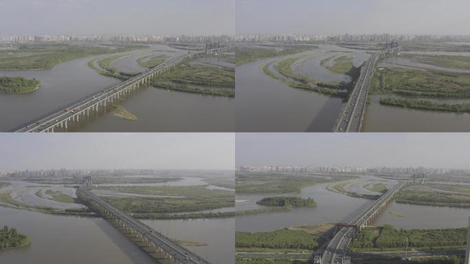 4K航拍哈尔滨阳明滩大桥大景