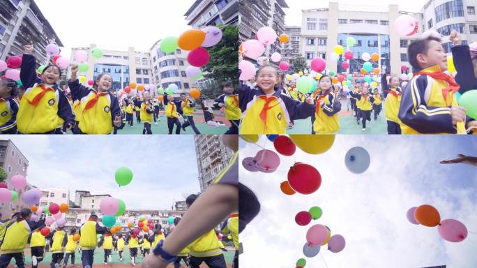 学生快乐奔跑、放飞气球气球漫天飞