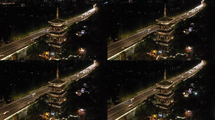 杭州吴山景区鼓楼望仙阁高架桥夜景航拍