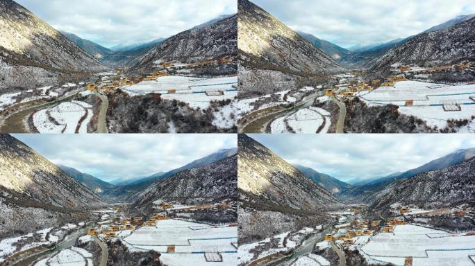 航拍冬天藏区藏族村落民房