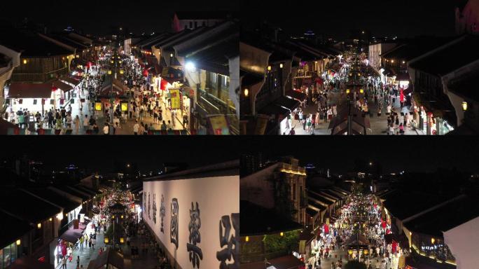 杭州国庆节河坊街热闹夜景低空航拍