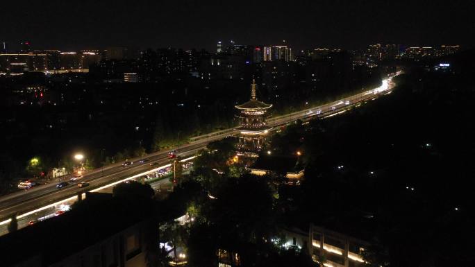 杭州城市夜景吴山鼓楼望仙阁航拍 高架路