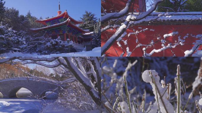 山林古建筑雪景空镜头4K调色素材