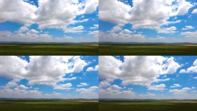 4k航拍蓝天白云下的美丽千里草原