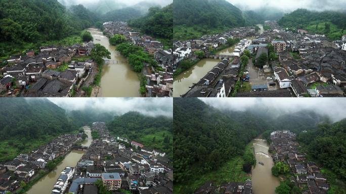 航拍雨后瑶里古镇