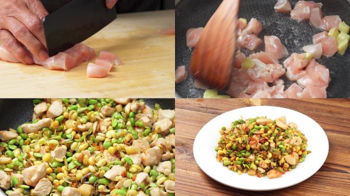 中国家庭小炒鸡丁炒小豆芽烹饪过程