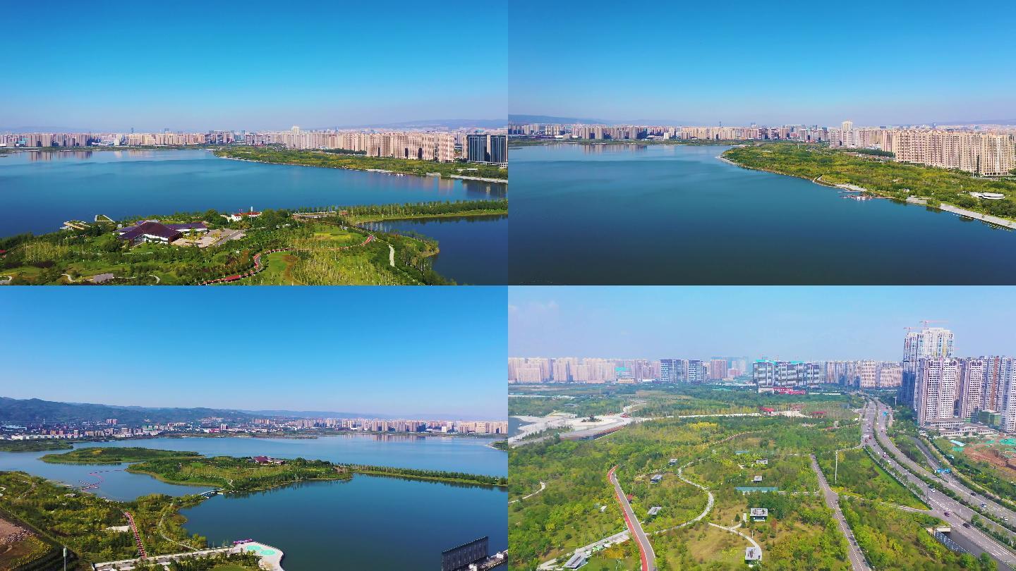 山西太原晋阳湖公园航拍美景