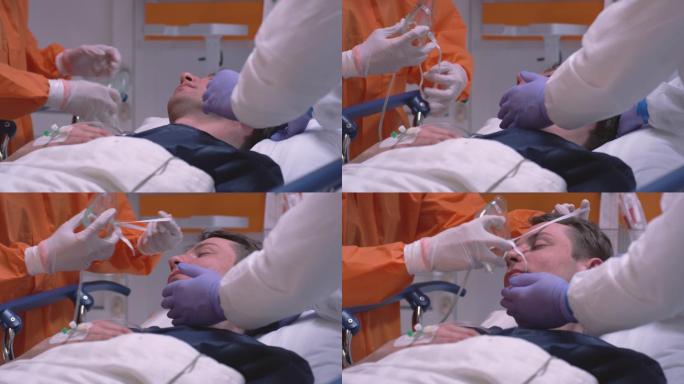 医生给病人戴上氧气面罩