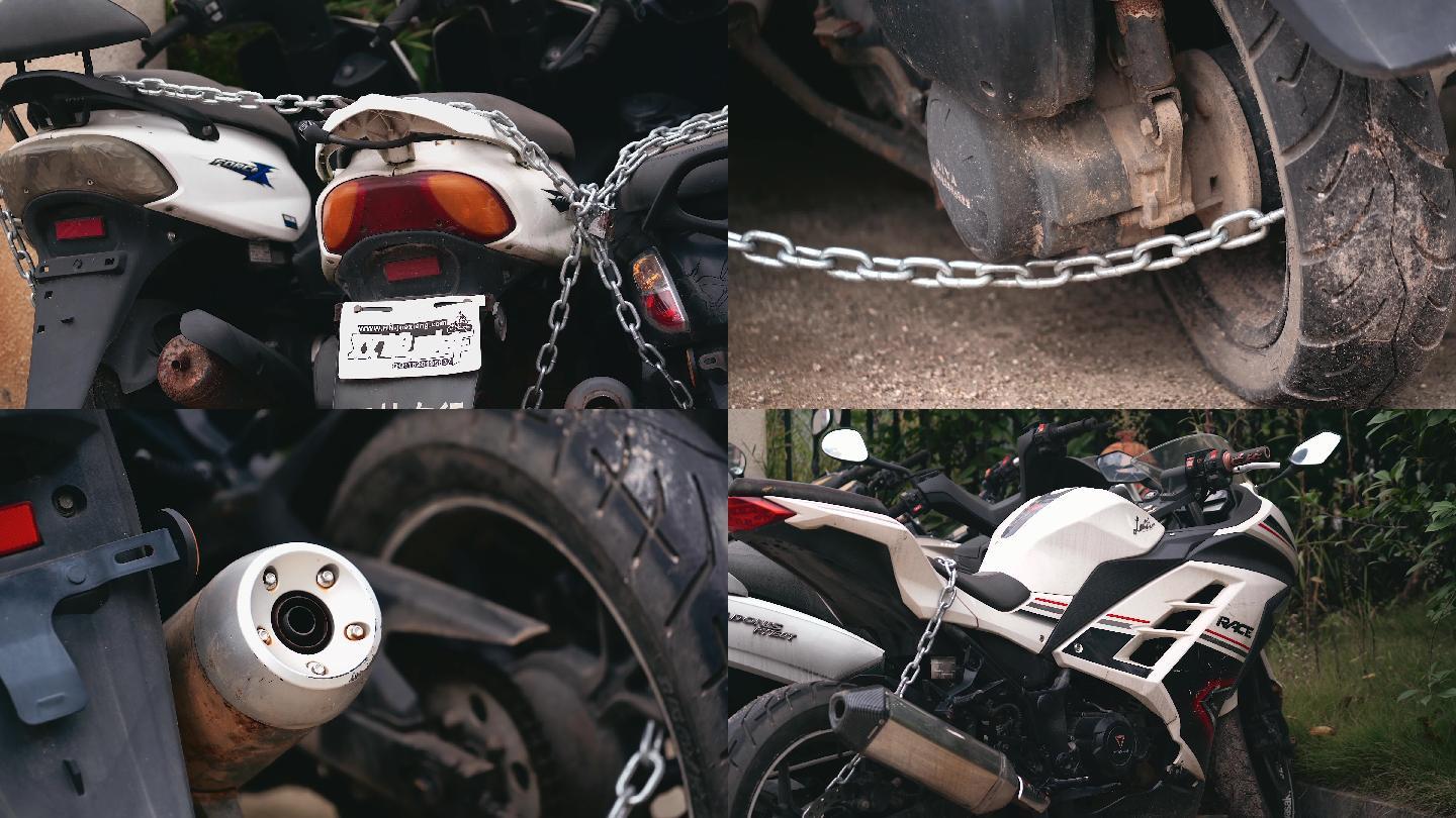 4K铁链子拴着的摩托车空镜