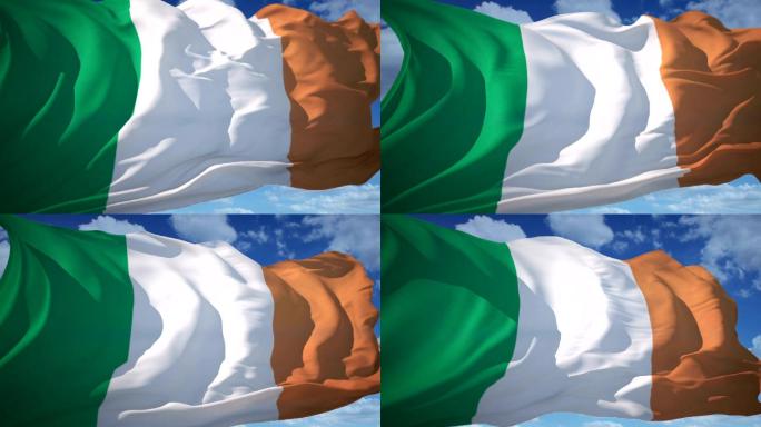 爱尔兰国旗国旗飘动随风飘动蓝天白云