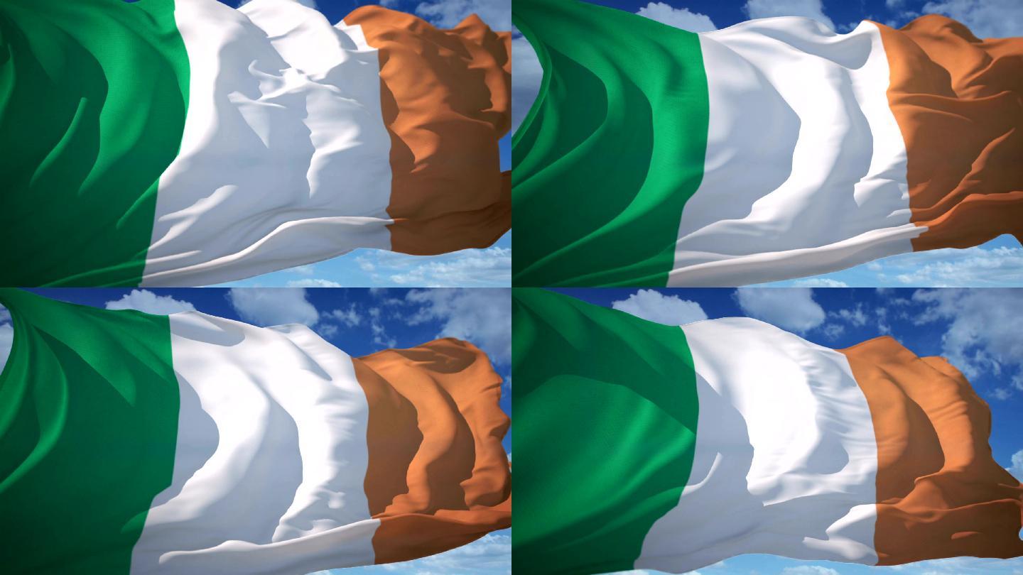 爱尔兰国旗国旗飘动随风飘动蓝天白云