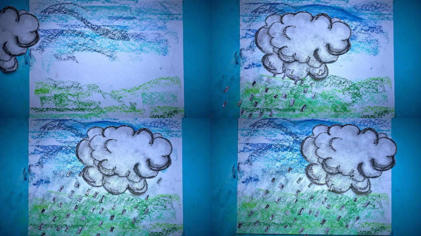 停止运动的动画云，伴随着倾盆大雨
