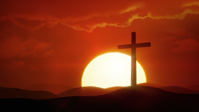 太阳从沙漠和十字架上升起