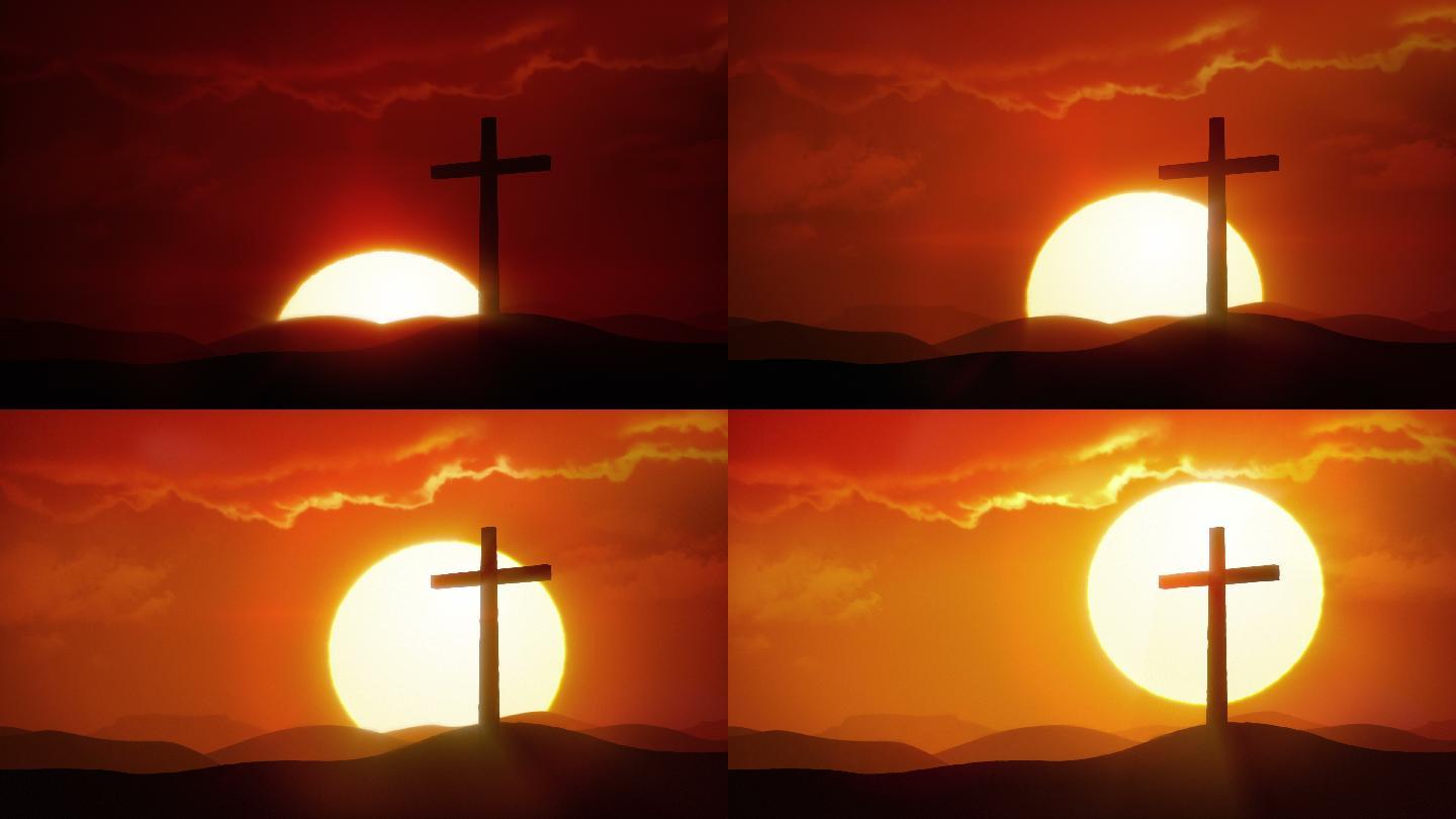 太阳从沙漠和十字架上升起