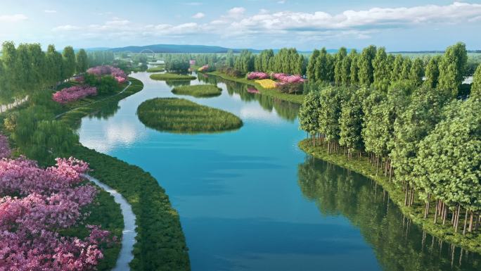 生态湿地河道鸟瞰