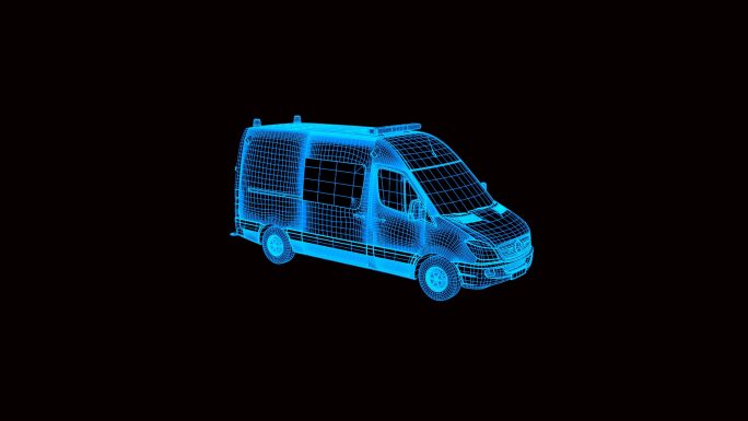 蓝色线框全息科技救护车动画素材带通道