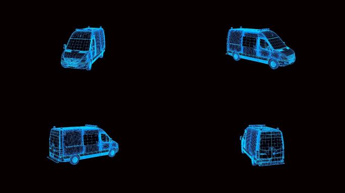 蓝色线框全息科技救护车动画素材带通道