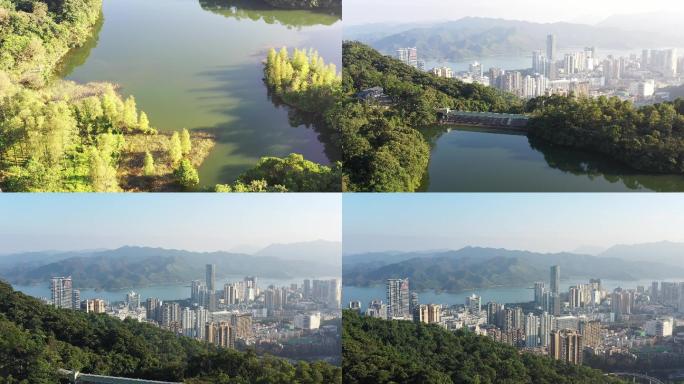 原创航拍原始素材 恩上水库 城市大景