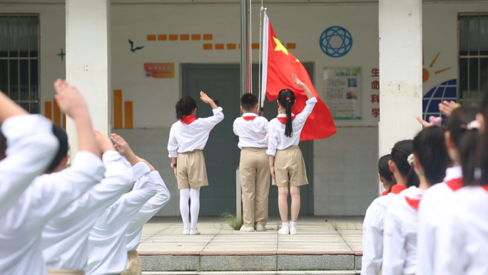 小学生升旗仪式敬礼看书讨论相互学习