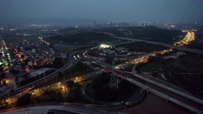 义乌市青口义乌东互通4K夜景车流风光航拍