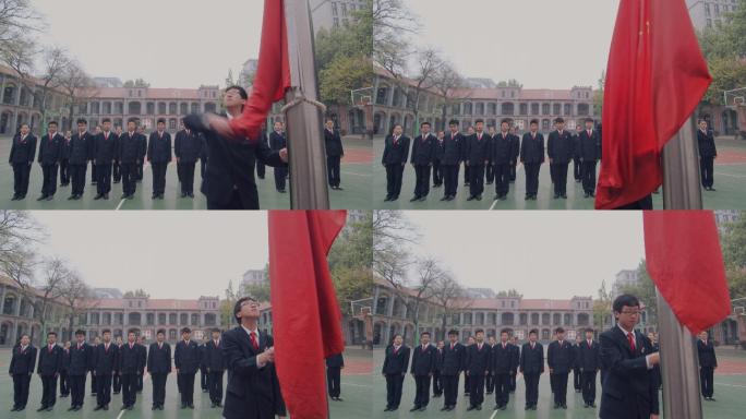 职业高中的学生在校园举行升旗仪式