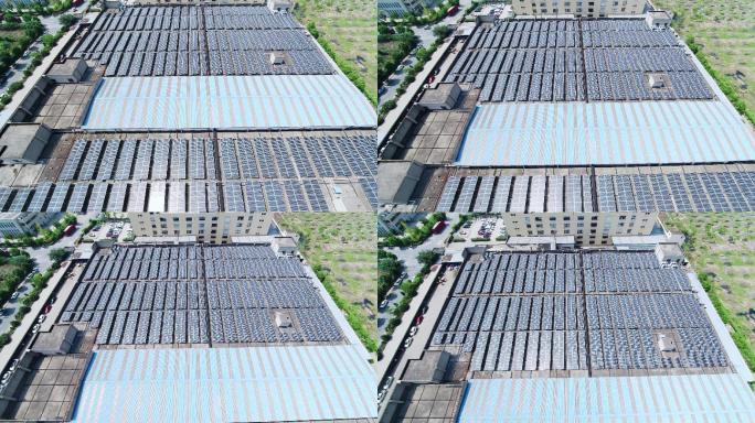 航拍厂房楼顶太阳能光伏发电站