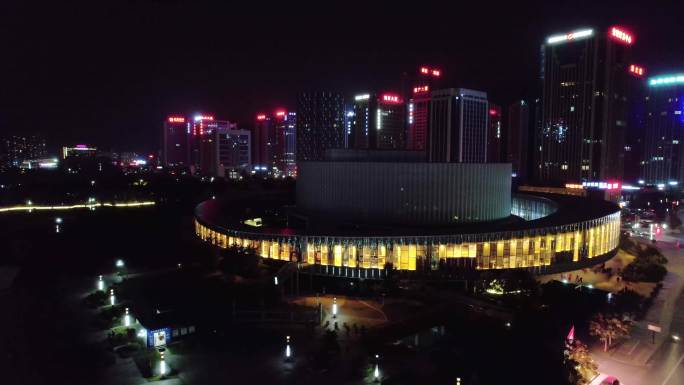 航拍夜晚诸暨大剧院夜景