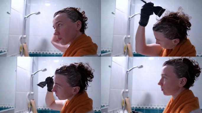 一个女人正在浴室里染发