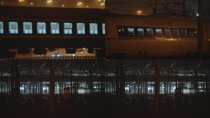 深夜北京，复兴号高铁进站，夜晚轨道