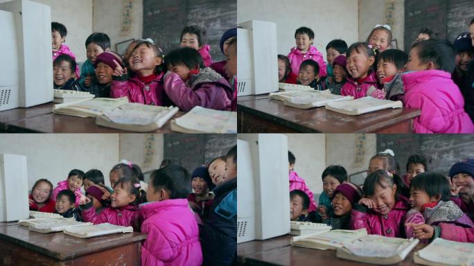 贫困地区的小学生在电脑前远程教学