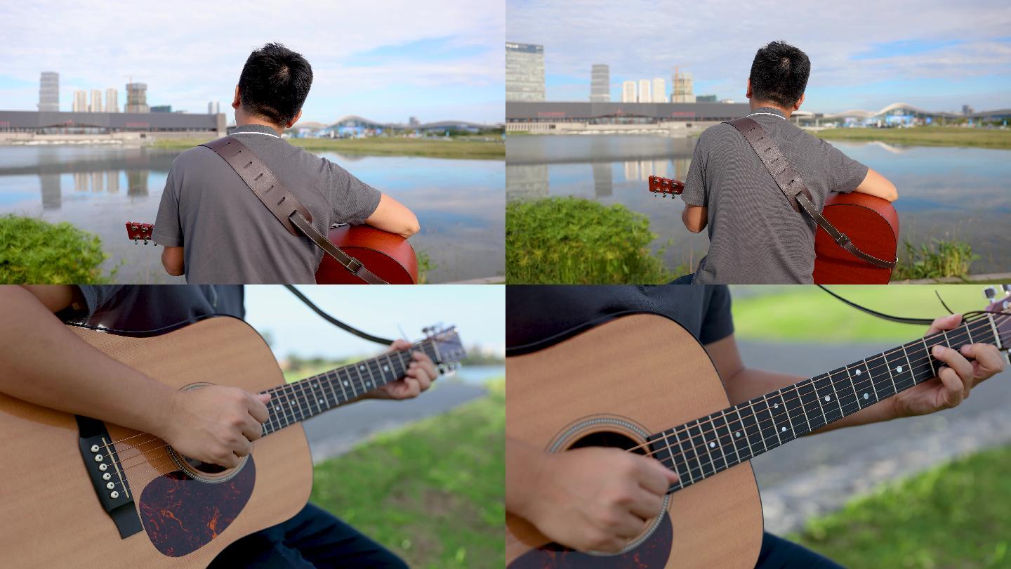 湖边弹吉他享受生活的人4K素材