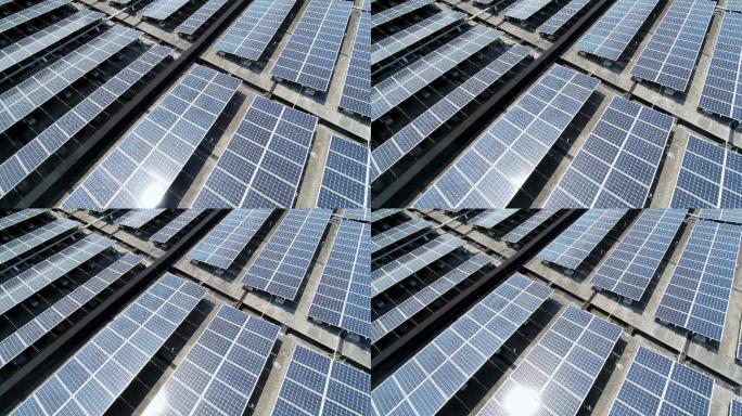 航拍厂房楼顶太阳能光伏发电站