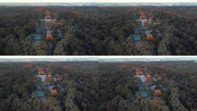 中国沈阳市东陵公园秋季航拍半围绕飞鸟
