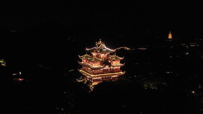 杭州旅游景区吴山天风城隍阁夜景航拍2
