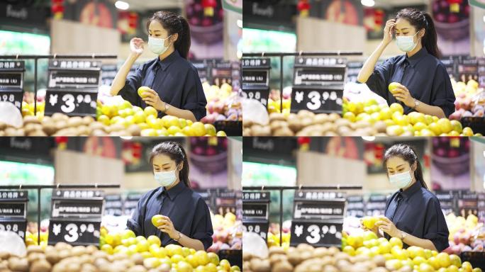 青年女性戴口罩在生鲜超市购物