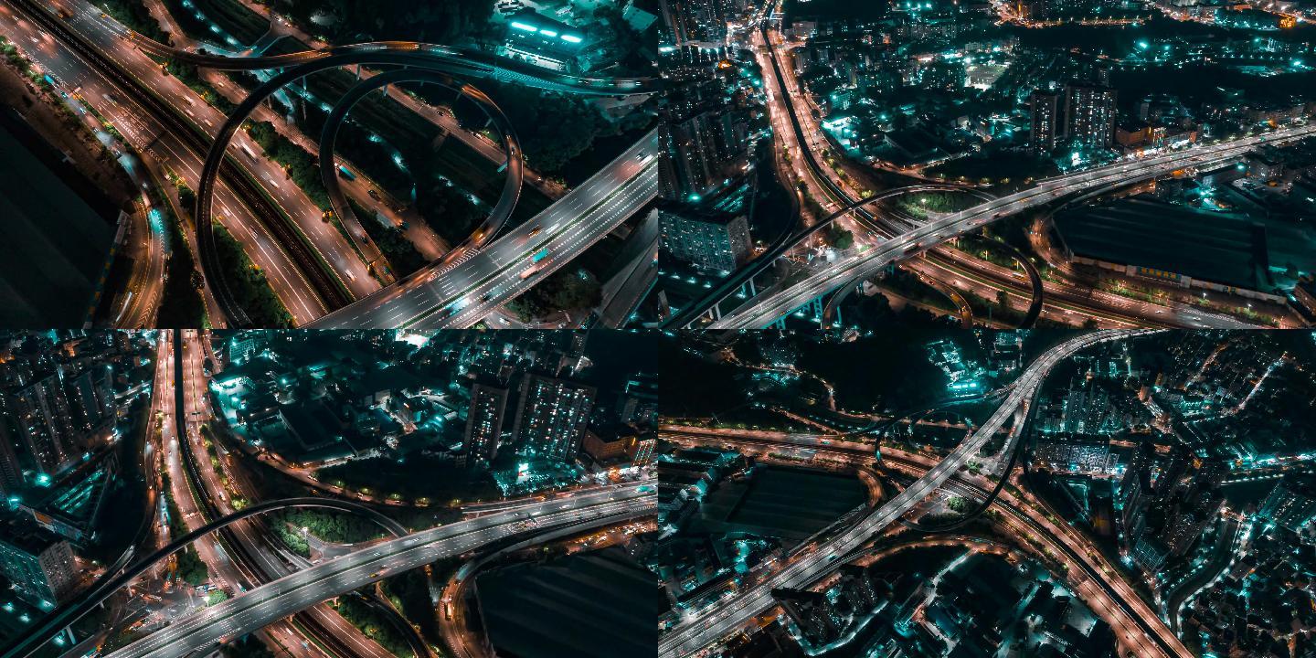 都市车流天桥夜景航拍