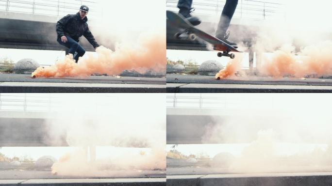 一名男子在烟雾弹下玩滑板