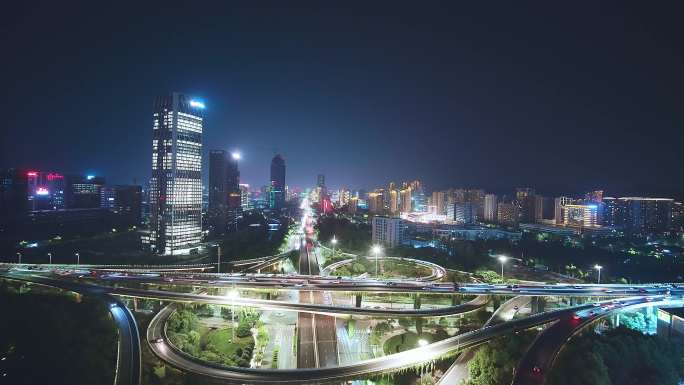 航拍杭州滨江时代高架夜景