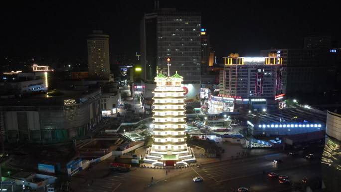 河南郑州二七塔地标建筑夜景航拍