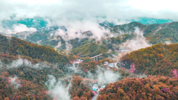 航拍秋天大山里的云雾