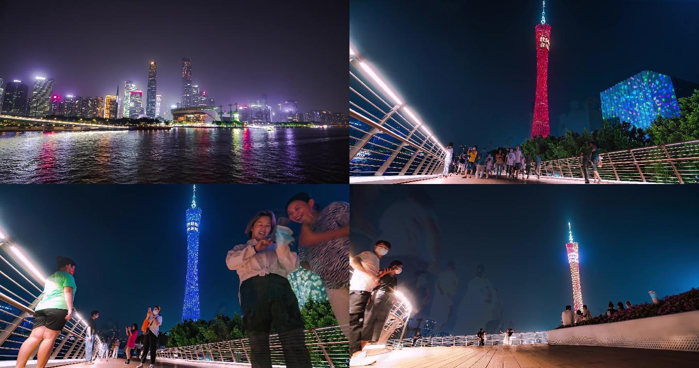 广州珠江海心桥广州塔夜景延时拍摄