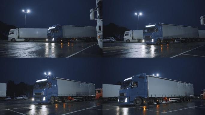 带拖车的蓝色半卡车驶入其他卡车停放的过夜停车场