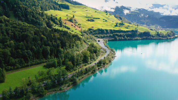 欧洲瑞士小镇风景风光航拍湖光山色