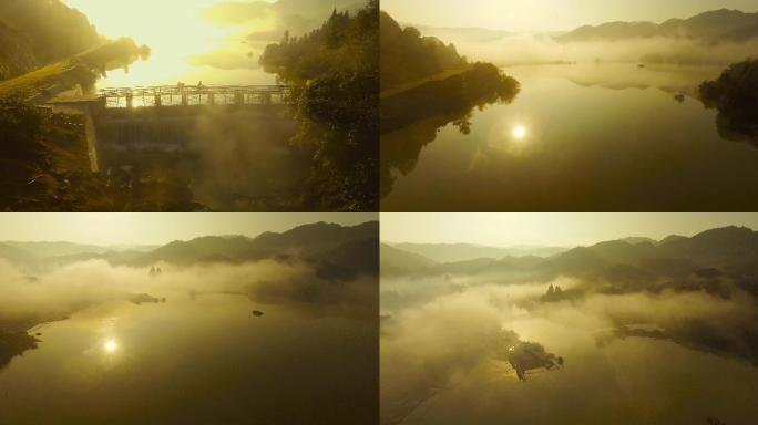 小桥视频冬季早晨金色朝阳逆光小桥湖水