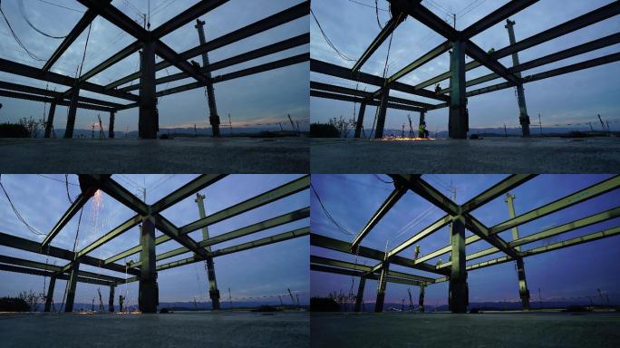 夕阳下建筑工地钢结构施工延时摄影4K高清